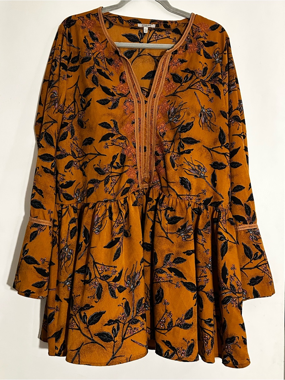 Orange Floral Long-Sleeve Boho Tiered Tunic Dress